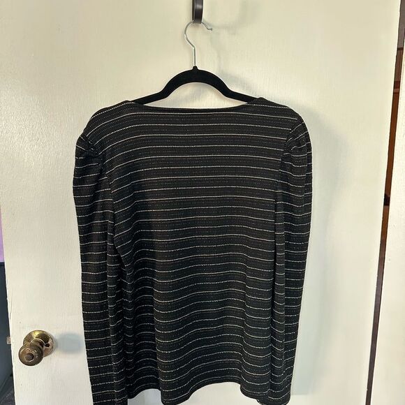 Loft Black and Silver Shimmer Puff Sleeve Square Neck Striped Women's Top Size L - Picture 3 of 9